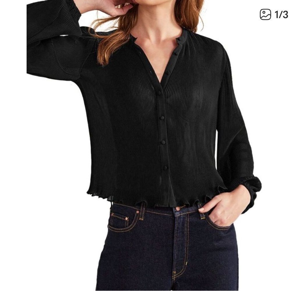 Boden Black Plisse Micro Pleated Button Front Long Sleeve Top